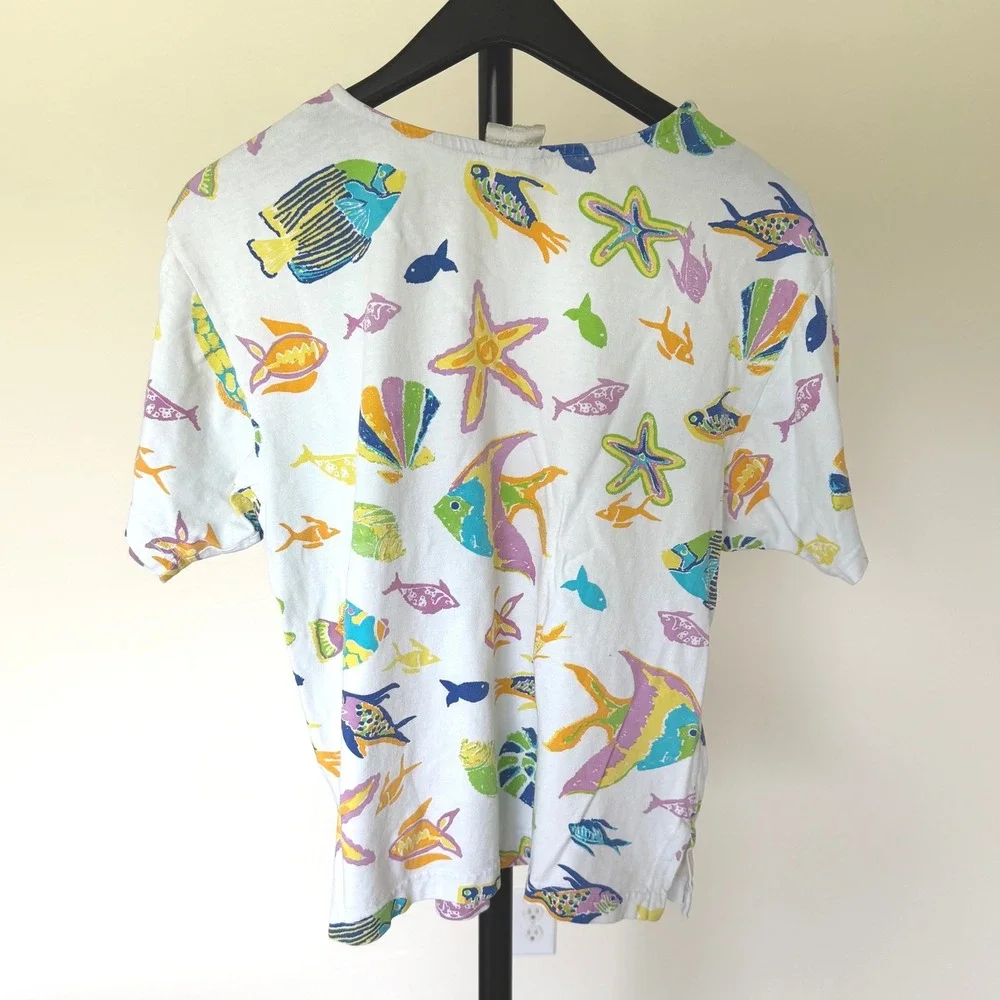 80's Cotton Connection Tropical Fish Set White Short Sleeve Shorts Womens M